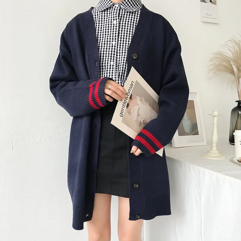 4 Colors 2017 Autumn Preppy Style Color Block Stripe Medium-Long Sweater Outerwear Cardigans Womens (B0794) 1
