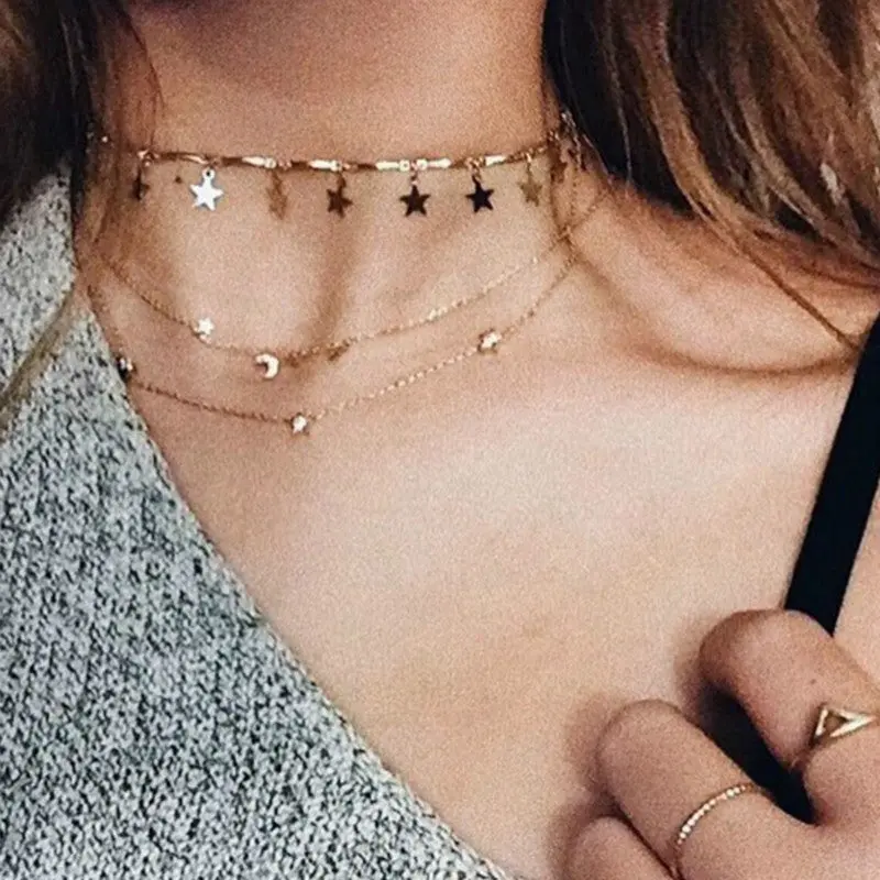 Chocker Boho Gold Color Chain Tiny Star Maxi Choker Necklace For Women Tassel Necklaces Pendants Gargantilha Collier Femme Colar 1