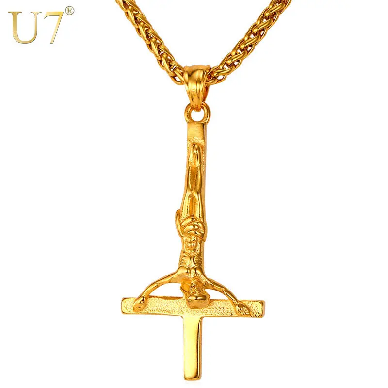 U7 Inverted Cross Necklace Men Gothic Satanic Jewelry Gold Color Stainless Steel Upside Down Cross Of St. Peter Pendant P813 1