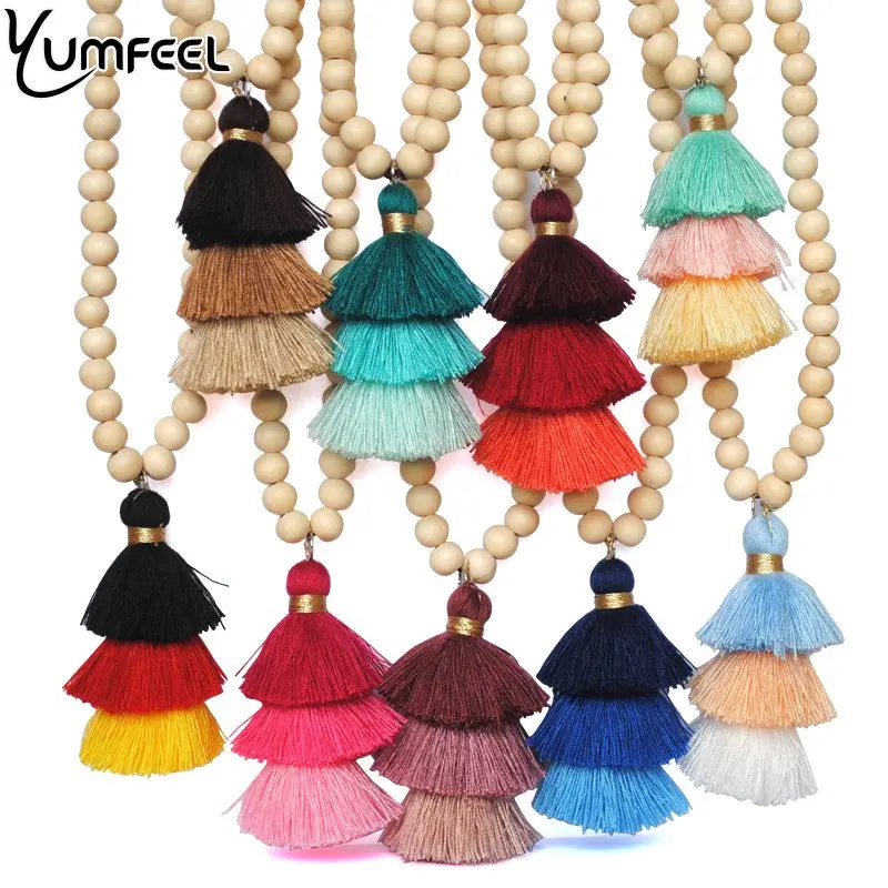 Yumfeel Tassel Necklace Festival 10Mm Natural Ivory White Wood Beaded Necklace 3 Layered Cotton Tassels Long Necklace Boho Yoga 1