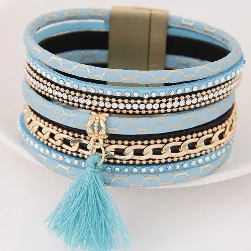 Lemoer Boho Fashion Multilayer Rhinestone Leather Tassel Bracelets & Bangles Magnetic Jewelry For Women Men Pulseira Feminina 1