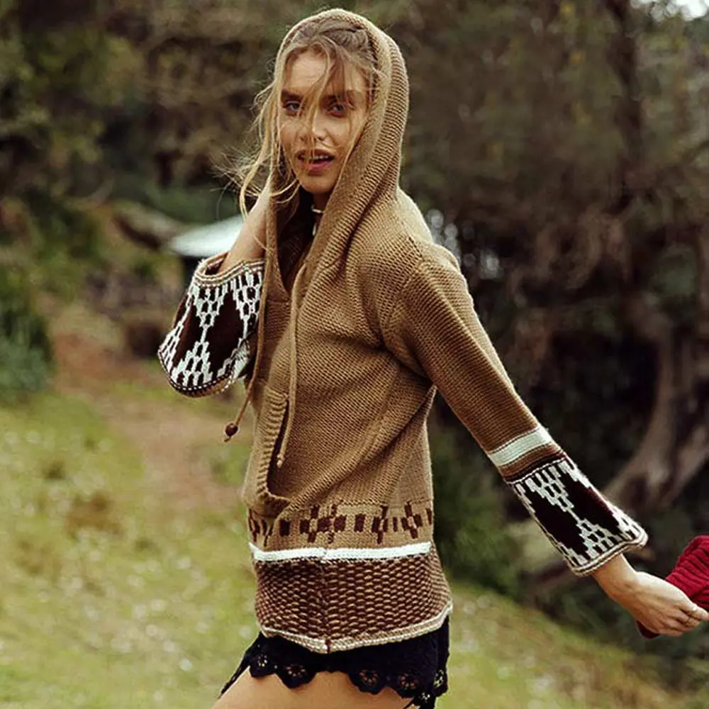2017 Chic Boho Winter Knitted Women Sweater Pullovers Ethnic Embroidered Nine Point Sleeve Loose Hippie Bohemia Hooded Sweaters 1