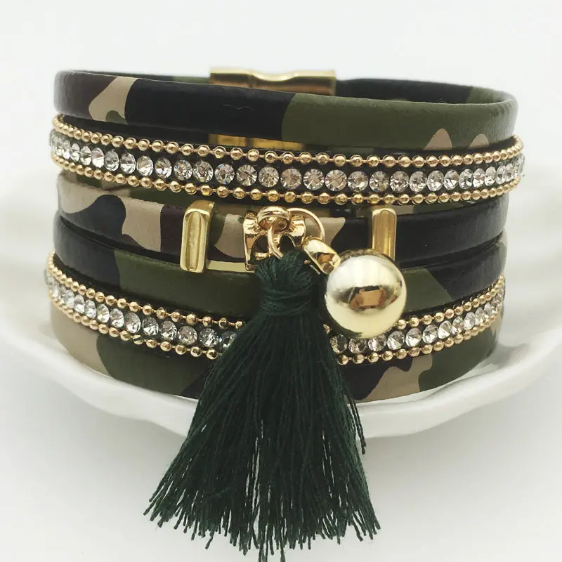 Lemoer Boho Multilayer Army Green Leather Tassel Bracelet Magnet Buckle Handmade Friendship Jewelry Pulseira For Women Men Gift 1