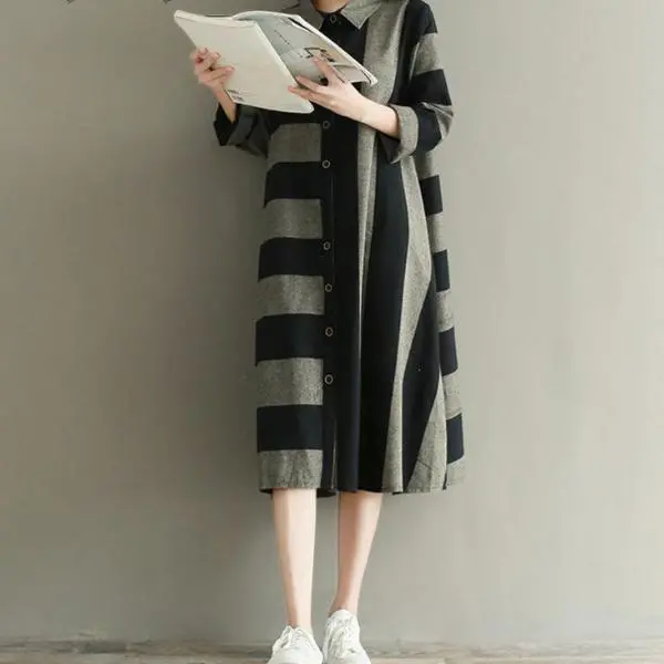 Artsy Turn Down Collar Long Sleeve Striped Loose Retro Shirt Dress 1