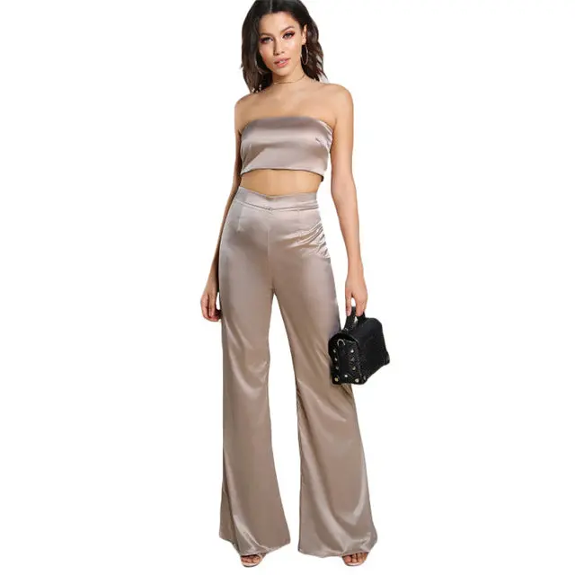 Strapless Satin Solid Bandeau Sexy Top And Matching Pants Set 1