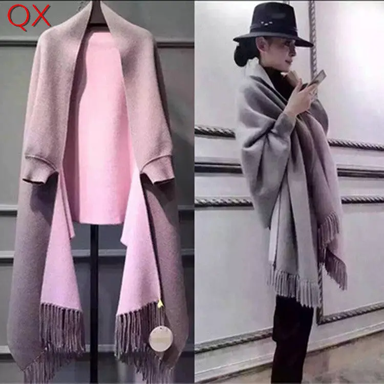 Sc2 2017 Oversize Double Side Scarf Winter Faux Cashmere Poncho Women Solid Designer Female Long Sleeves Wrap Vintage Shawl 1