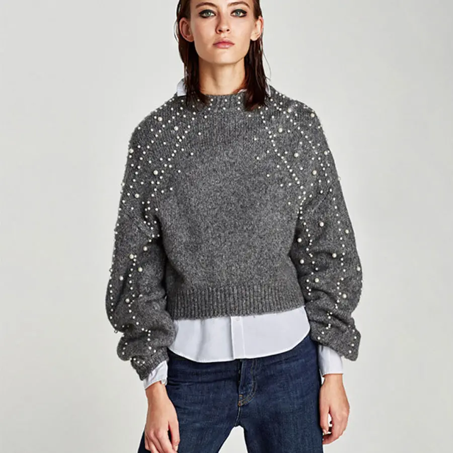 Gray Knitted Boho Sweater 2017 Winter Dot Pearl Decoration Lantern Long Sleeve Loose Hooded Loose Hippie Women Sweater Pullovers 1