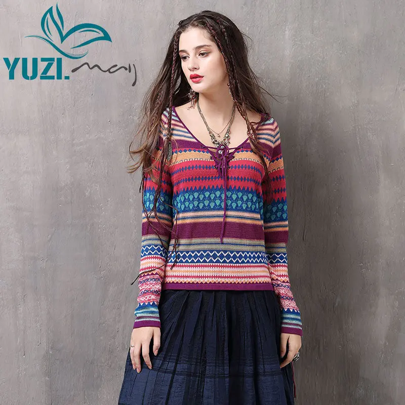 Sweater For Women 2017 Yuzi.May Boho New Cotton Wool Pullover V-Neck Long Sleeve Stripe Knitting Pullovers B9229 Lady's Sweaters 1