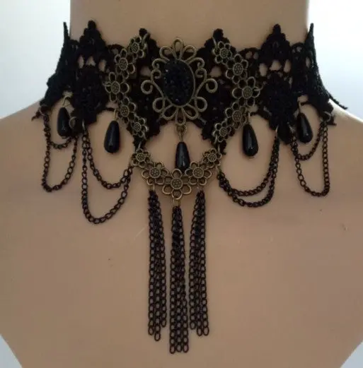 2017 Fashion Gothic Victorian Crystal Tassel Tattoo Choker Necklace Black Lace Collar Vintage Women Wedding Jewelry 1