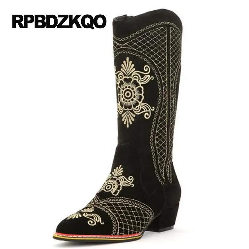 Cowgirl Long Autumn Embroidered Western Boots Cowboy Pointed Toe High Quality Shoes Knee Real Leather Fall Heel Women Chunky 1