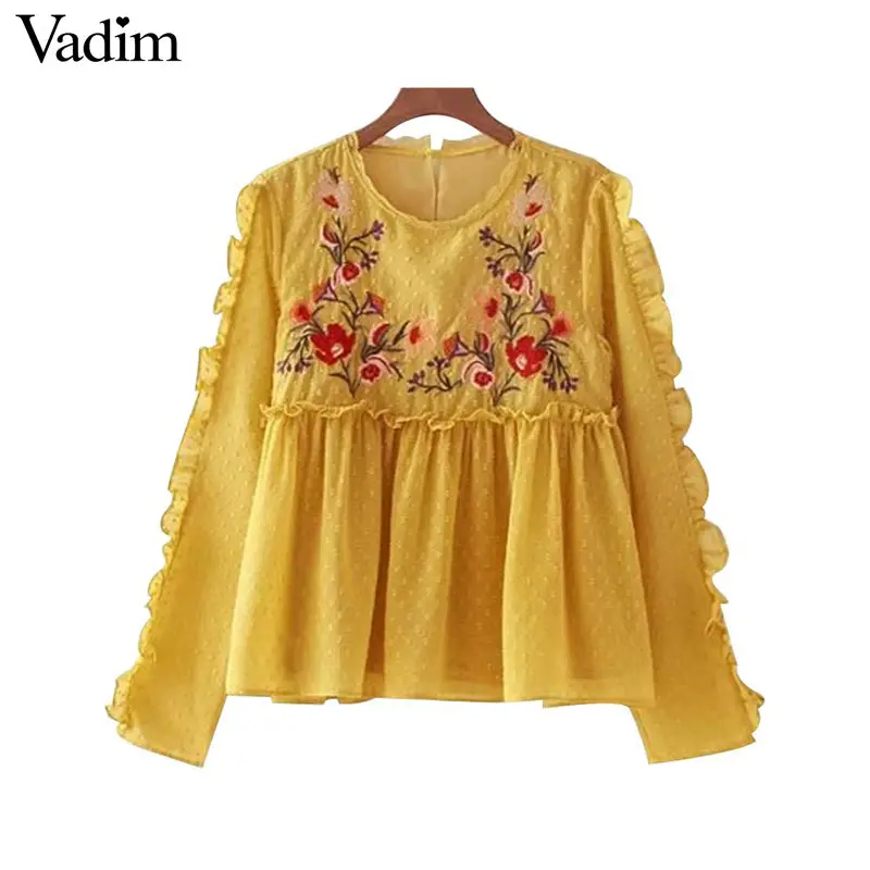 Vadim Vintage Ruffles Floral Embroidery Pleated Lace Shirts Long Sleeve Chic Dots O Neck Blouse Ladies Casual Tops Blusas Lt2172 1