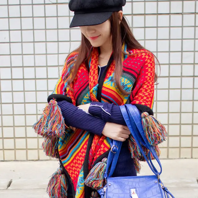 2017 New Boho Ethnic Large Shawl Bright Color Female Warm Tassel Ball Imitation Cashmere Shawls Winter Scarves Ladies Fashion 2