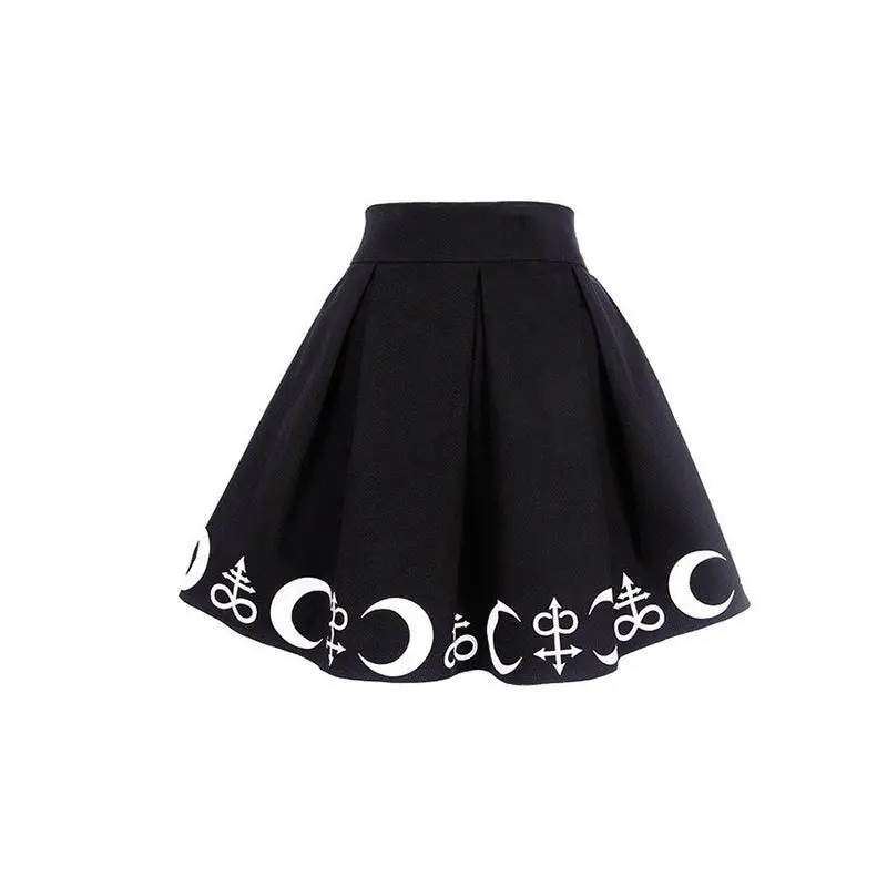 Harajuku Punk Rock Gothic Summer Women Skirt Moon Print Hight Waist Mini Skirt Pleated Tutu Skirt 1