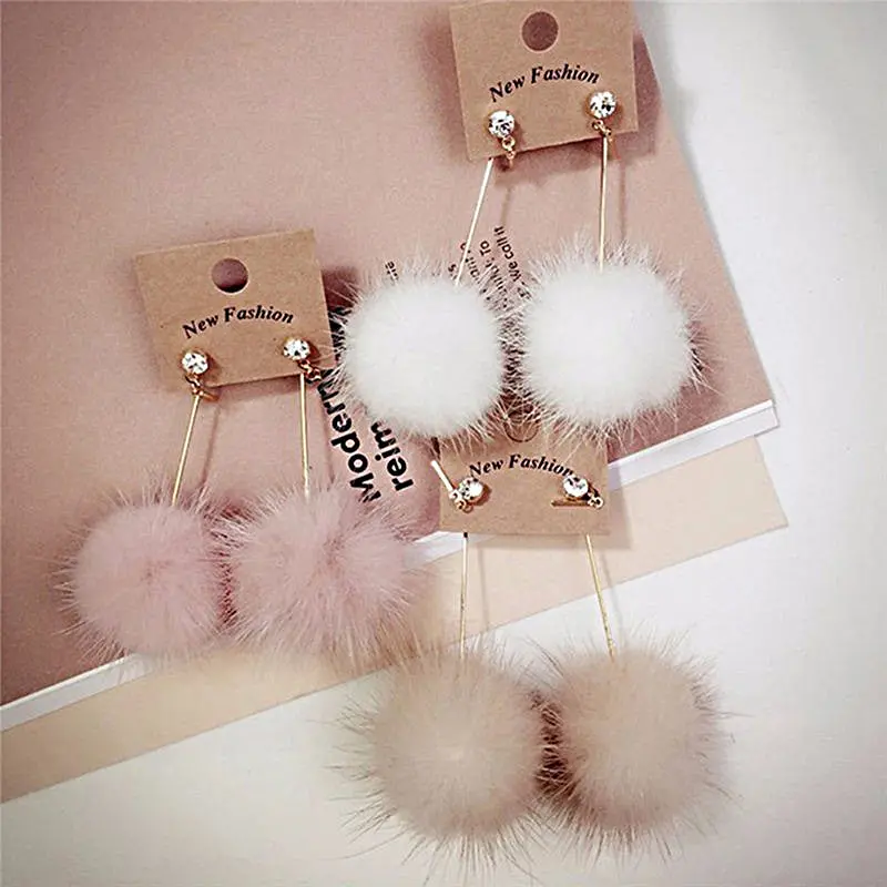 Rabbit Fur Ball Pompom Long Drop Earrings For Women Unique Soft Pom Pom Ear Dangle Crystal Earring Jewelry Cute Christmas Gift 1