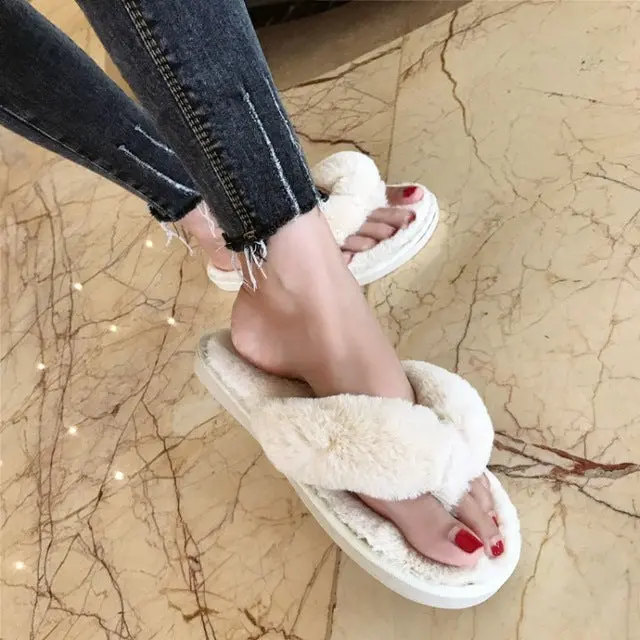 Cootelili Winter Fashion Women Home Slippers Faux Fur Warm Shoes Woman Slip On Flats Female Fur Flip Flops Pink Plus Size 36-41 3