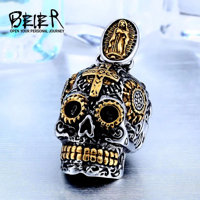 Beier Cool Men's Gothic Carving Pendant Necklace  Stainless Steel High Quality Detail Biker Skull Jewelry  For Man Bp8-256 1