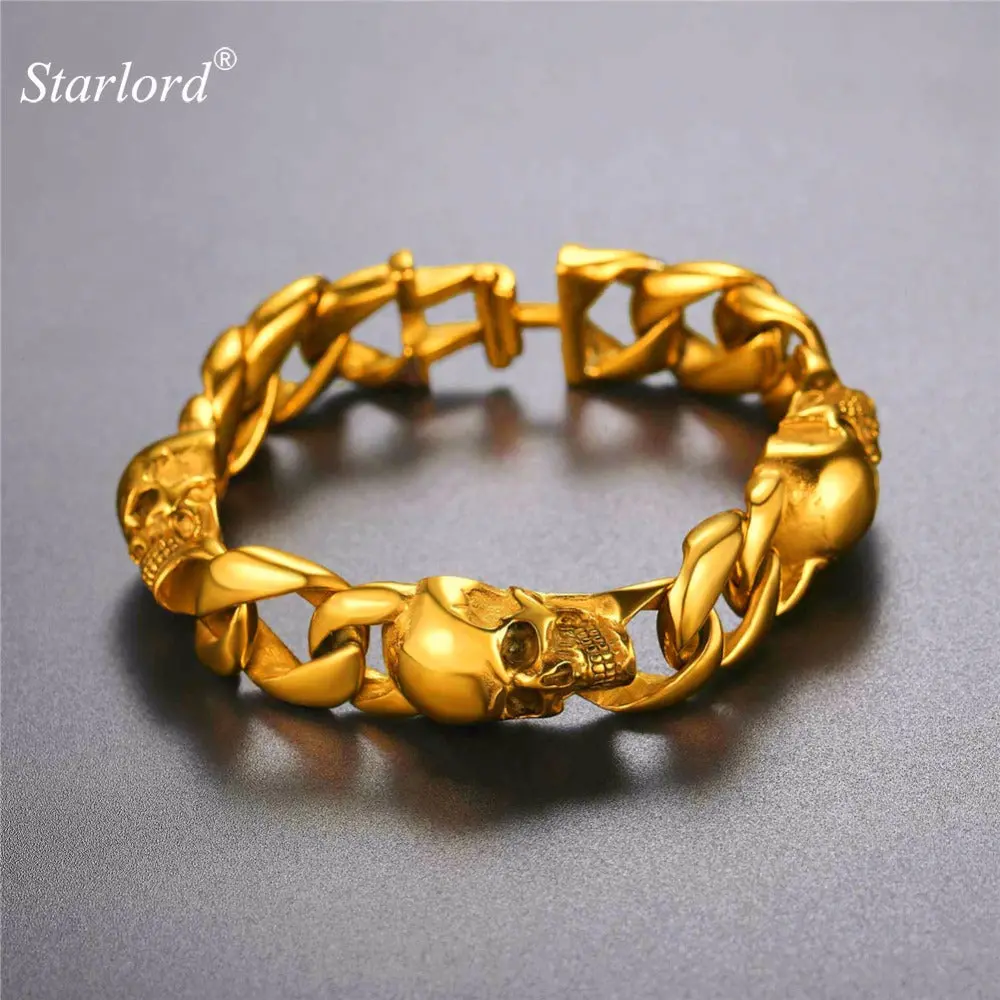Gothic Skull Skeleton Bracelet For Men 22Cm Stainless Steel/Gold/Black Color Rocker Punk Bracelet For Men Gh2770 1