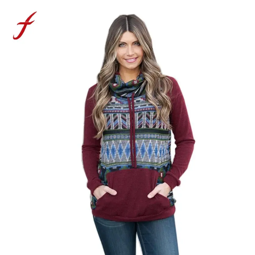 Feitong Boho Fashion Autumn Women Sweatshirts Causal Long Sleeve Printed Kangaroo Pocket Tops Hooded Moletom Feminino Inverno 1