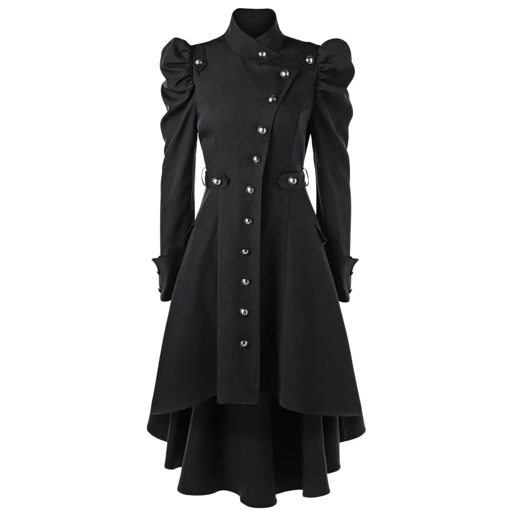 Gamiss Women Winter Puff Shoulder Button Up Dip Hem Trench Coat New Fashion Stand-Up Collar High Waist Outerwear Gothic Coat 1