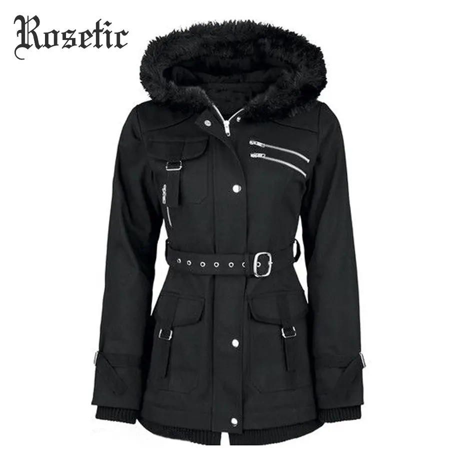 Rosetic Gothic Coat Vintage Women Black Casual Autumn Zippers Belt Hooded Trench Slim Outerwear Punk Streetwear Retro Goth Coats 1