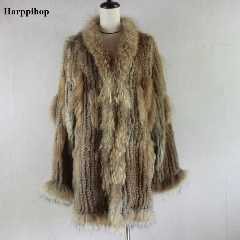 2018 Spain Russia Usa Canada Popular Women Knitted Real Genuine Real Rabbit Fur Coat Overcoat Jackets Garment  Raccoon Collar 1