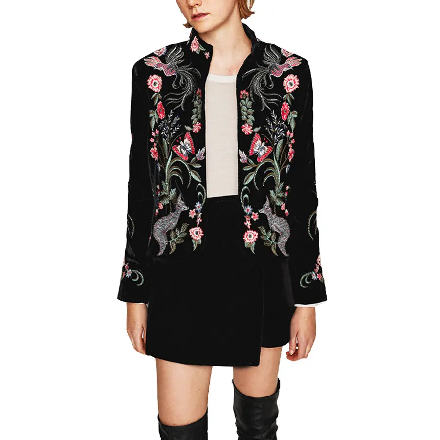 Black Short Women Jacket 2017 Chic Pattern Floral Embroidery Long Sleeve Casual Bohemia Brand Female Jacket Outerwear & Coats 1