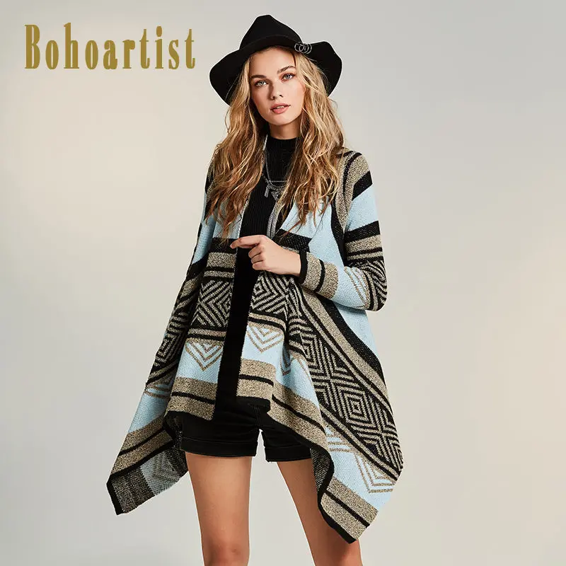 Autumn Winter Warm Poncho Shawls Geometric Vintage Blanket Women's Lady Knit Shawl Cape  Gray Blue Stripe Patchwork Long Sleeve 1