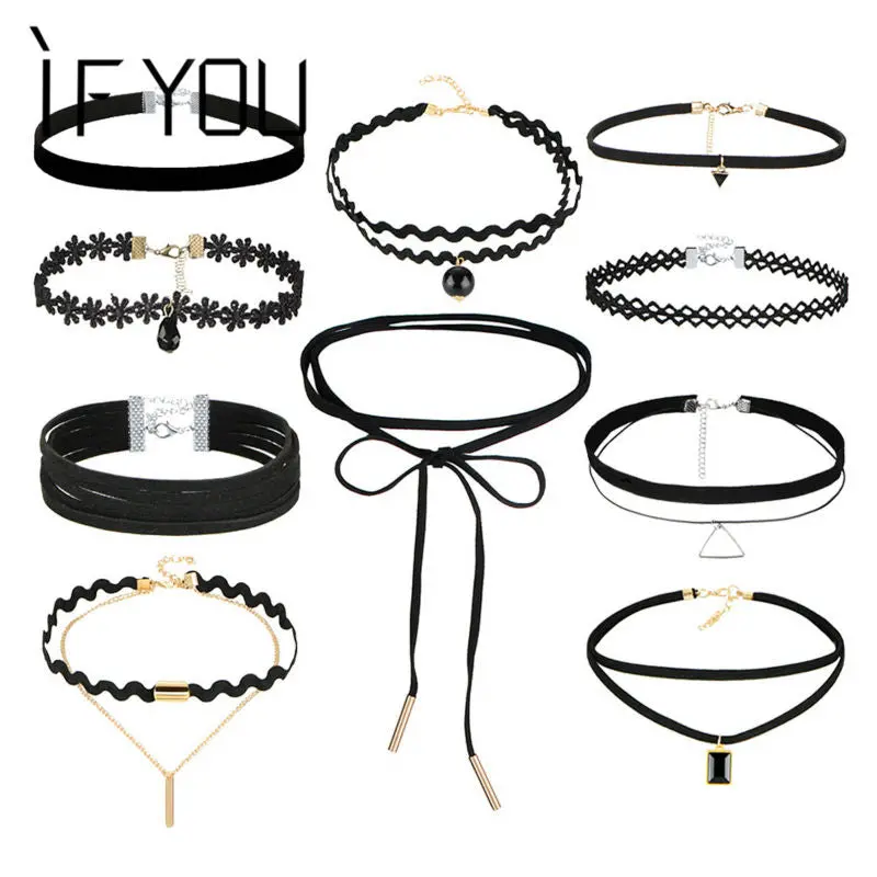 If You 10 Pcs/Set Gothic Sexy Black Leather Lace Flower Fashion Hollow Choker Necklace Set Necklaces Collier For Women Jewelry 1
