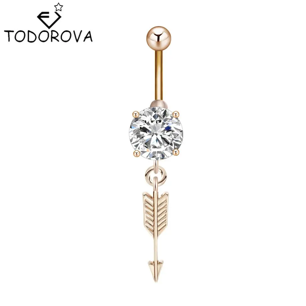 Todorova Chic Arrow Cz Piercings Jewelry Women Sexy Belly Button Ring Long Dangle Clear Navel Bar Gold Silver Body Jewelry 1
