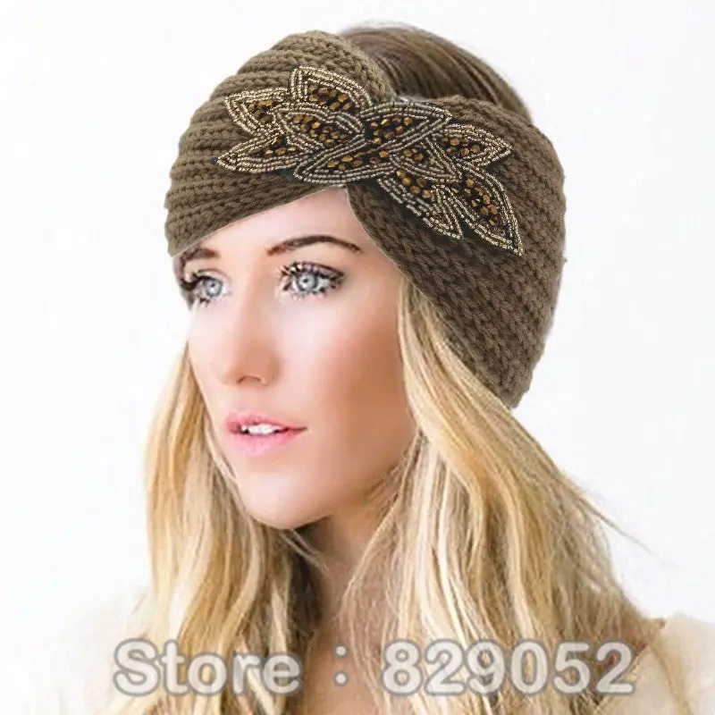 Women's Beaded Knitted Wool Headbands Boho Flower Turban Head Wrap Bandage Winter Ear Warmer Girls Hairband Hair Accessories 1