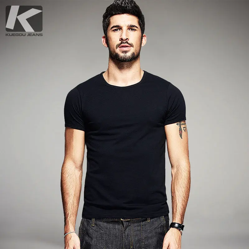 Kuegou Summer Mens Casual T Shirts 10 Solid Colors Brand Clothing Man's Wear Short Sleeve Slim T-Shirts Tops Tees Plus Size 601 1