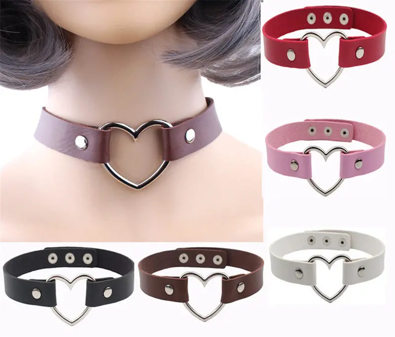 Women Lady Favorite Punk Goth Harajuku Grunge Pu Leather Rivet Heart Collar Choker Funky  Necklace Jewelry 1