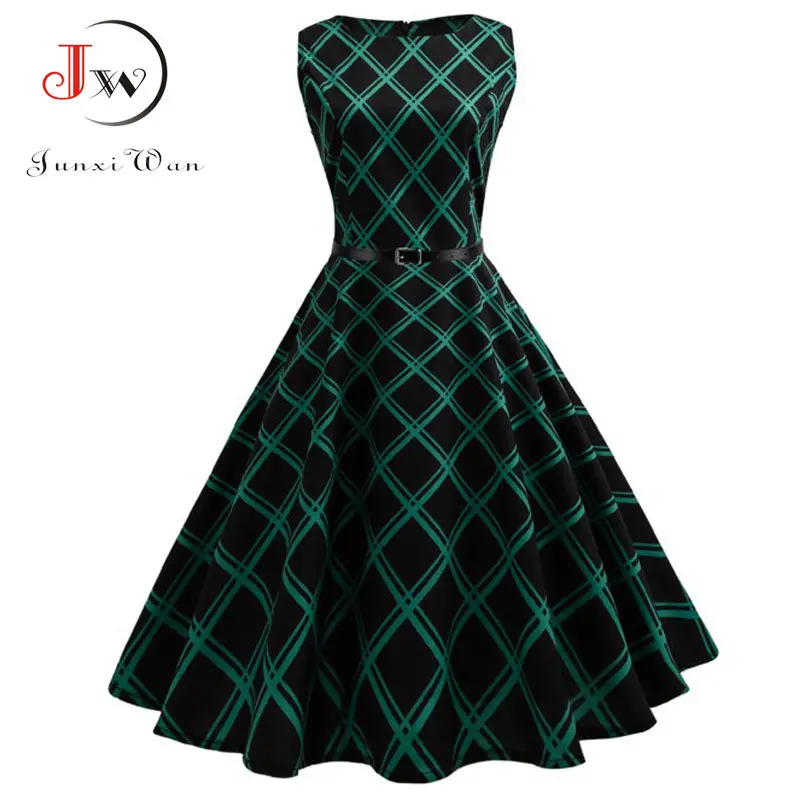 Floral Print Women Summer Dress Hepburn 50S 60S Retro Swing Vintage Dress A-Line Party Dresses With Belt Jurken Plus Size 1