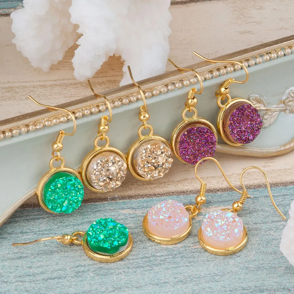 Doreenbeads Handmade Resin Drusy /Drusy Chic Earrings Gold Color Pink Purple Round 34Mm(1 3/8") X 15Mm( 5/8"), 1 Pair 1
