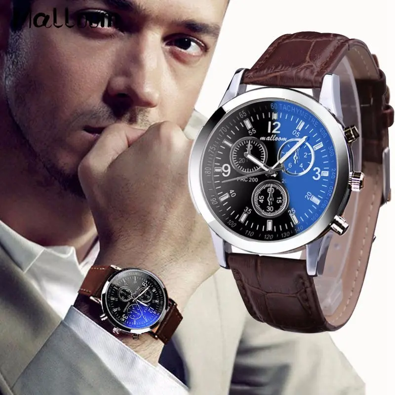 Malloom Mens Roman Numerals Blue Ray Glass Watches Men Luxury Leather Analog Quartz Business Wrist Watch Men's Clock Relogio #Yl 1