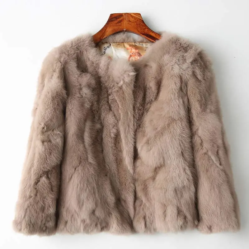 Genuine Full Pelt Fur Jacket Women's Design Rabbit Fur Coat Natural Wholeskin Fur Coat O-Neck Fashion Slim Thin Rabbit Fur Coat 1
