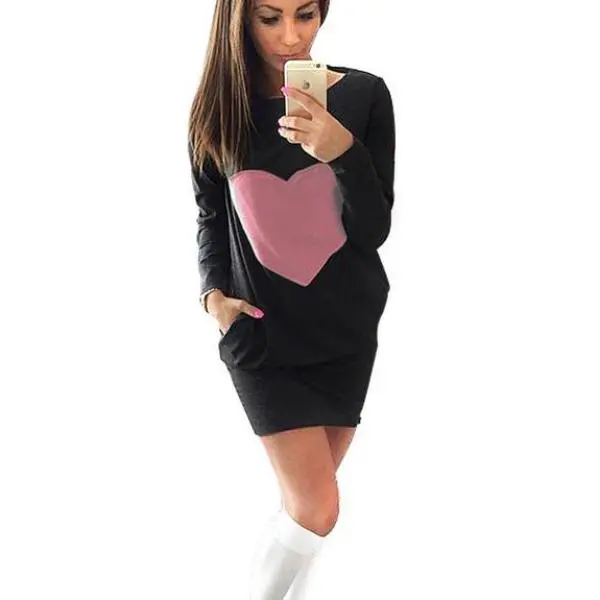 Stylish heart-patterned mini dress combining sweatshirt comfort with bodycon fit—featuring long sleeves, dual pockets, and a flattering silhouette for everyday wear. - Image 3