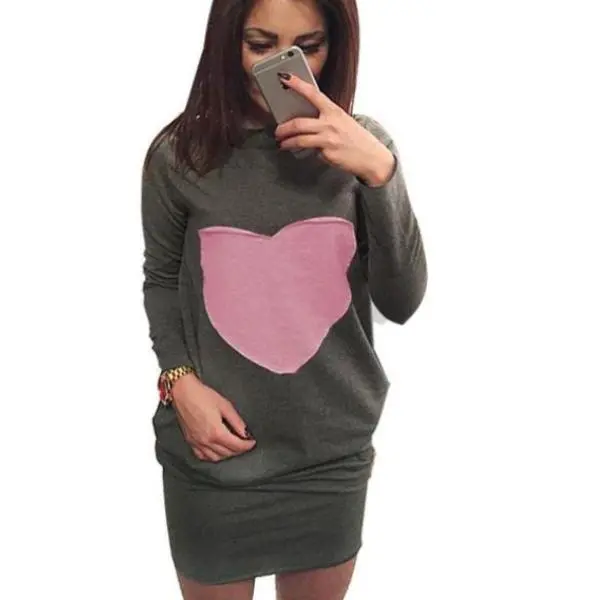 Stylish heart-patterned mini dress combining sweatshirt comfort with bodycon fit—featuring long sleeves, dual pockets, and a flattering silhouette for everyday wear. - Image 4