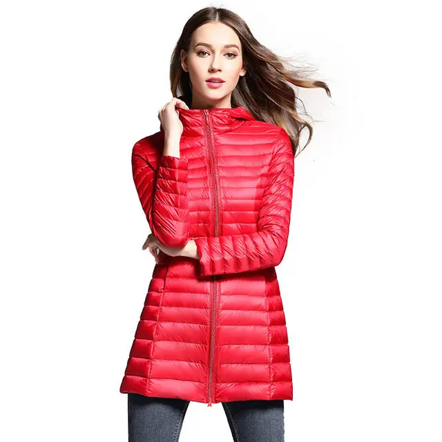 Stay warm and stylish this winter with our women's long down jacket—featuring ultra-lightweight construction, premium duck down insulation, a cozy quilted design, and a functional hood. - Image 6