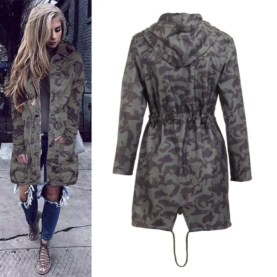 Womens Coat Fashion 2017 Ladies Hooded Long Sleeve Coat Windbreaker Camouflage Outwear Spring Autumn Women Coat Giacca A Vento#8 1