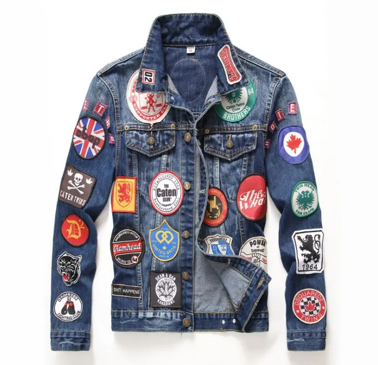 2017 Winter European American Style Pattern Mens Badge Denim Jacket Brand Luxury Men Outerwear & Coats Blue Denim Jacket 1