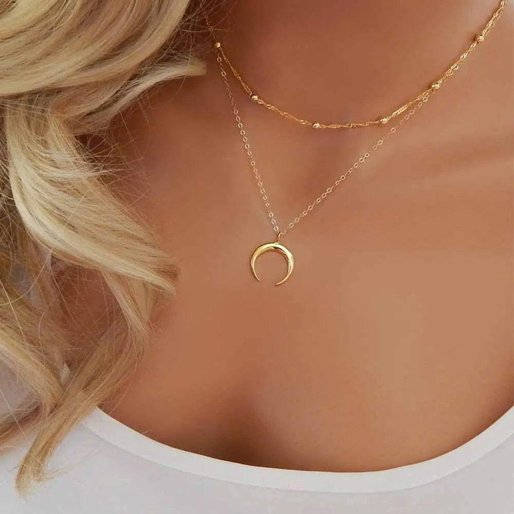 Famshin 2017 New Fashion Double Horn Necklace Crescent Moon Necklace Boho Jewelry Minimal Girlfriend Gift 1