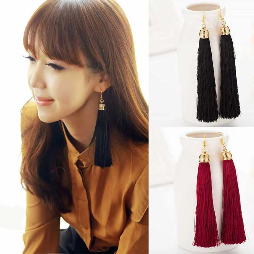Famshin 2017 New Hot Tassel Drop Earrings  Black Vintage Tassel Earrings Long Earring Big Dangle Female 1