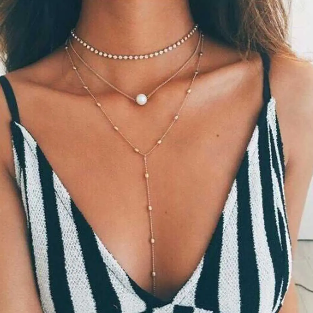 Famshin Boho Jewelry Multi Layer Beads Choker Necklaces For Women Sexy Fashion Pendant Vintage Collier Long Crystal Necklace 1