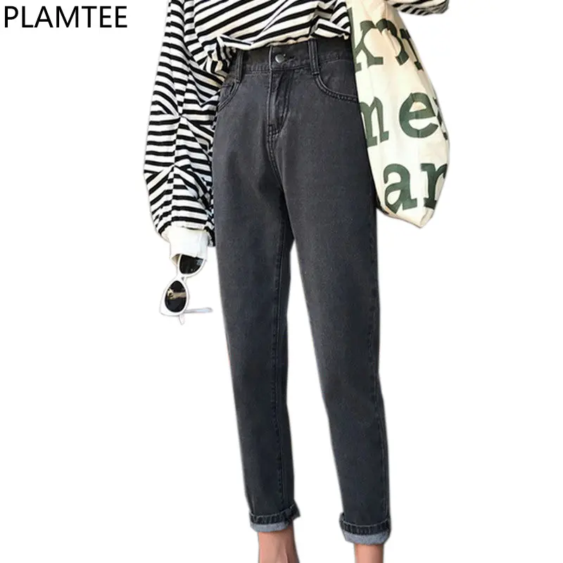 Plamtee Slim Jeans For Women Vintage High Waist Jeans Woman Solid Denim Harem Pants Stretch Waist Jean Trousers Warm Cowboy Pant 1