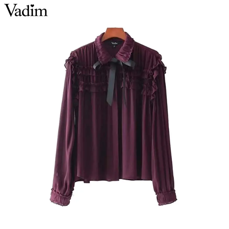 Vadim Women Sweet Ruffled Chiffon Shirts Bow Tie Neck Transparent Pleated Long Sleeve Cute Blouse Casual Chic Tops Blusas Lt2453 1