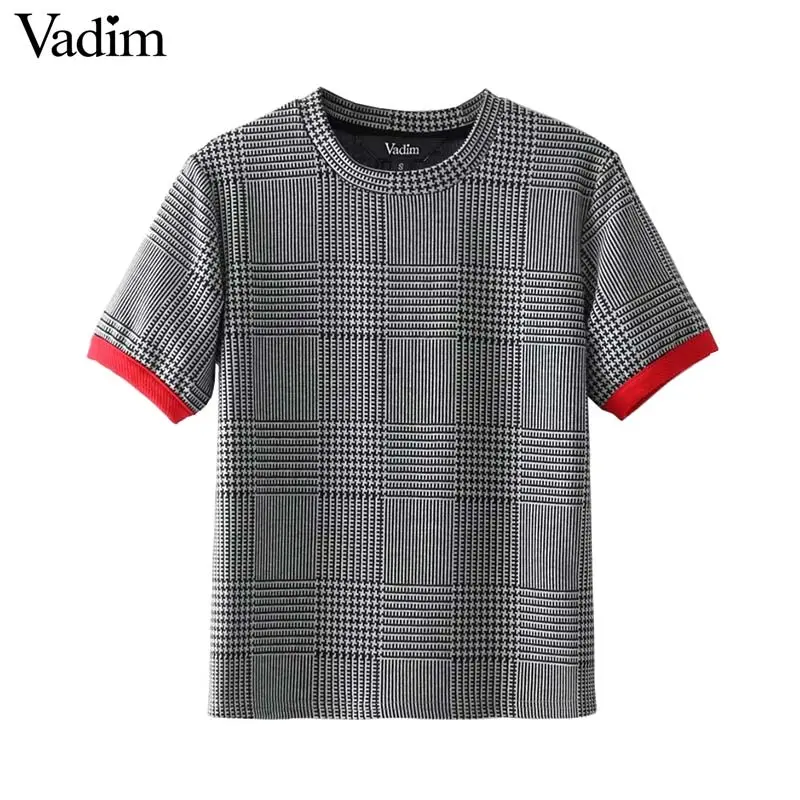 Vadim Women Elegant Plaid Shirt Houndstooth Short Sleeve O Neck Blouse Vintage Basic Fashion Casual Chic Tops Blusas Dt1312 1