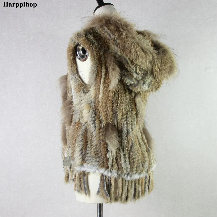 Harppihop Fashion Rabbit Fur Vest Raccoon Fur Trimming Knitted Rabbit Fur Vest With Hood Fur Waistcoat Gilet 1