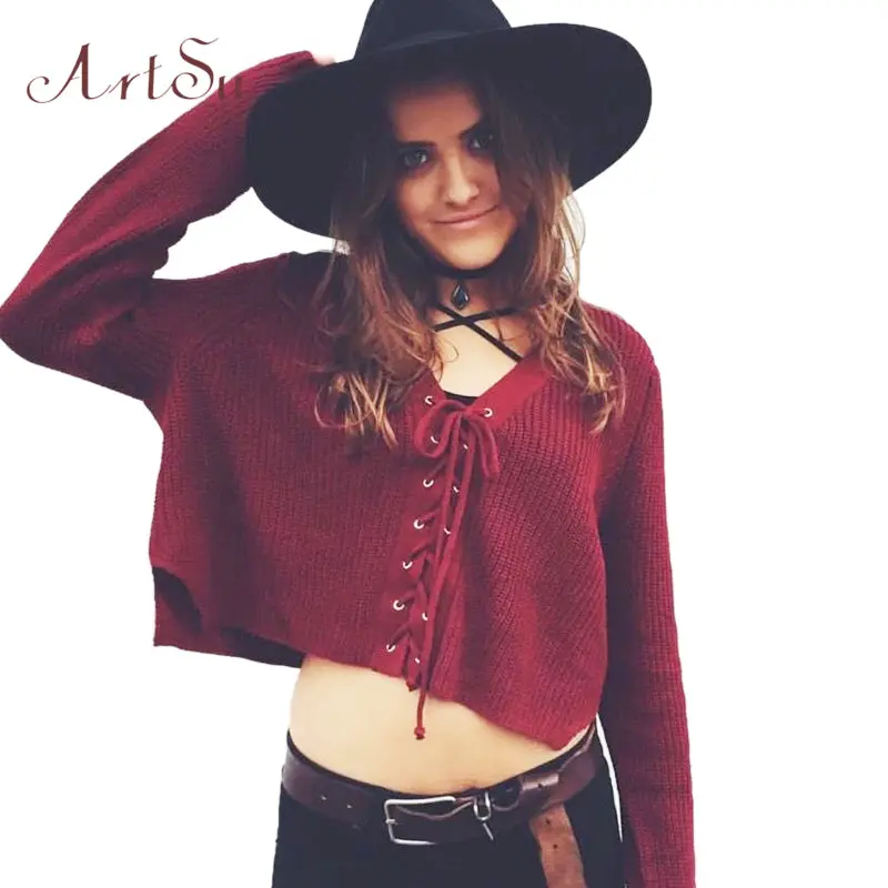 Artsu 2017 Long Sleeve Sweater Casual Loose Preppy Crop Tops Autumn Short Knitted Lace Up Sweaters Jumper Cardigan Assw30010 1
