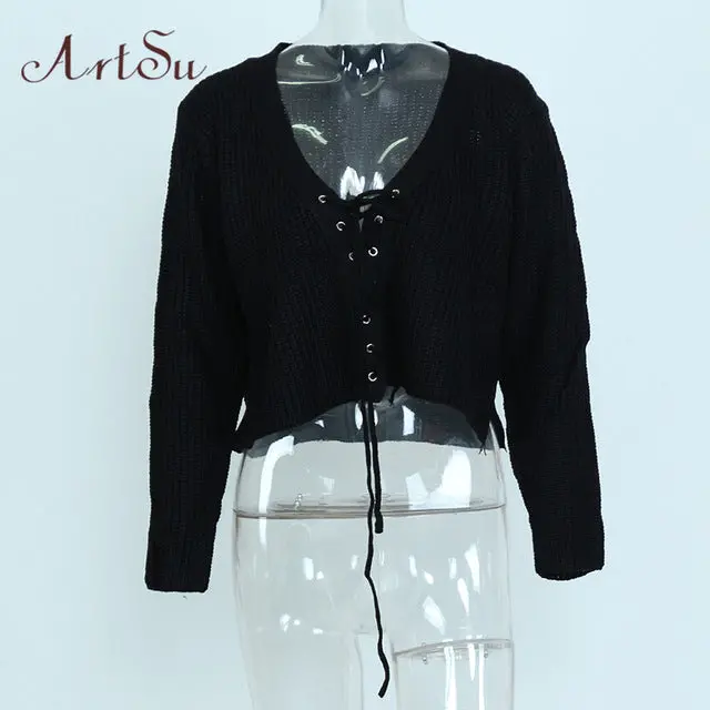 Artsu 2017 Long Sleeve Sweater Casual Loose Preppy Crop Tops Autumn Short Knitted Lace Up Sweaters Jumper Cardigan Assw30010 2